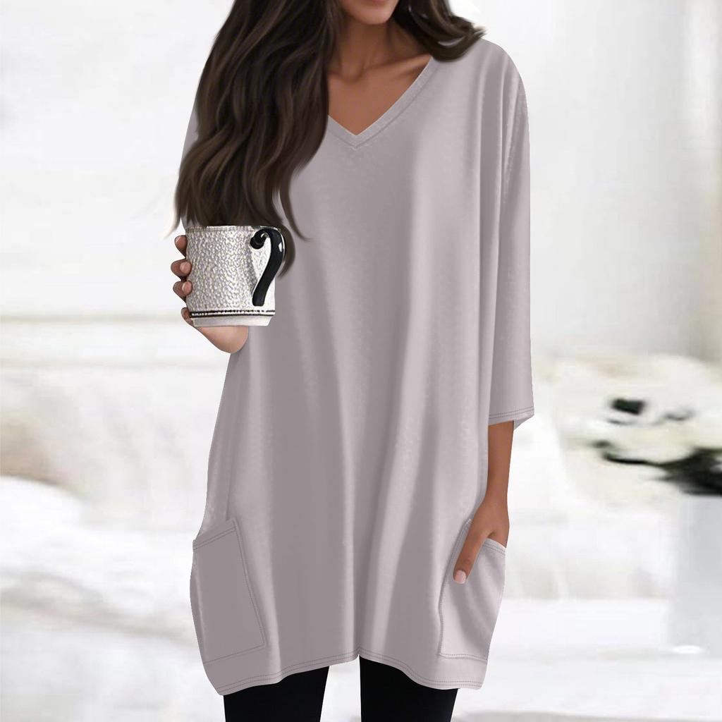 Womens Tops V-neck 3/4 Sleeve Blouses Casual Mid-length Shirts Fashion Print Tunic Tops With Pockets