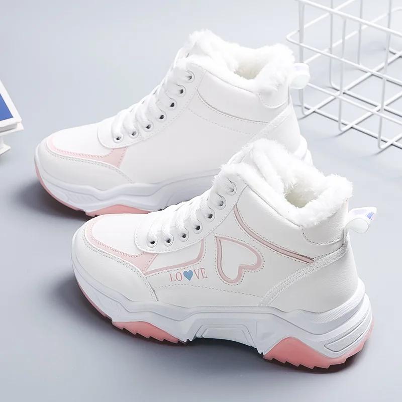 Зимние женские высокие кроссовки 2024 года, новые теплые повседневные туфли Love Woman из плюша и бархата, женская спортивная обувь на платформе Zapatillas Mujer