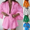 2Pcs/Set Lantern Long Sleeve Pockets Single Breasted Women Outfit Lapel Shirt Ruffle Wide Leg Shorts Set