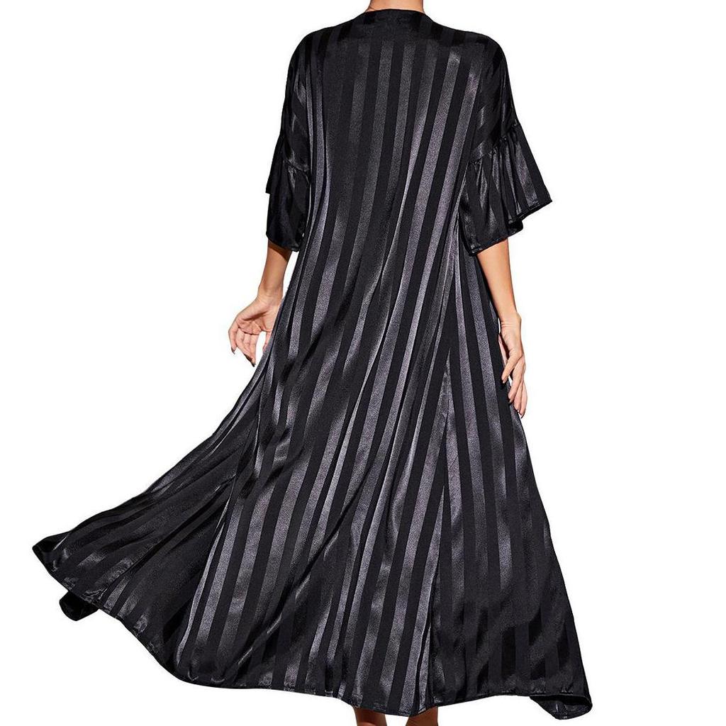 Women’s Nightgown Slip Night Dress 2 Pieces Set Satin Stripe Pajamas Dressing Gown Robe Sleepwear Home Wear Spring Autumn Sleep Lounge Clothes