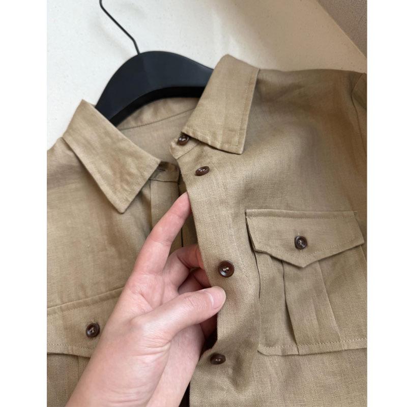 Настоятельно рекомендуется! Женская ретро-рубашка из хаки льна с эстетикой «старых денег» и карманом в стиле американской рабочей одежды.