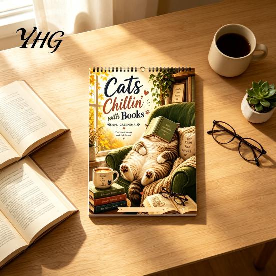 Important Date Tracker Cats Chillin' with Book 2027 Calendar, 12 Month Monthly Planner, Thick Paper Planner Daily Planning Wall Calendar for