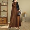 Плюс размер корейский стиль весна осень женское макси длинный сарафан с капюшоном V-образный вырез коричневый зеленый повседневный свободный безрукавка платье винтажное джинсовое платье без рукавов