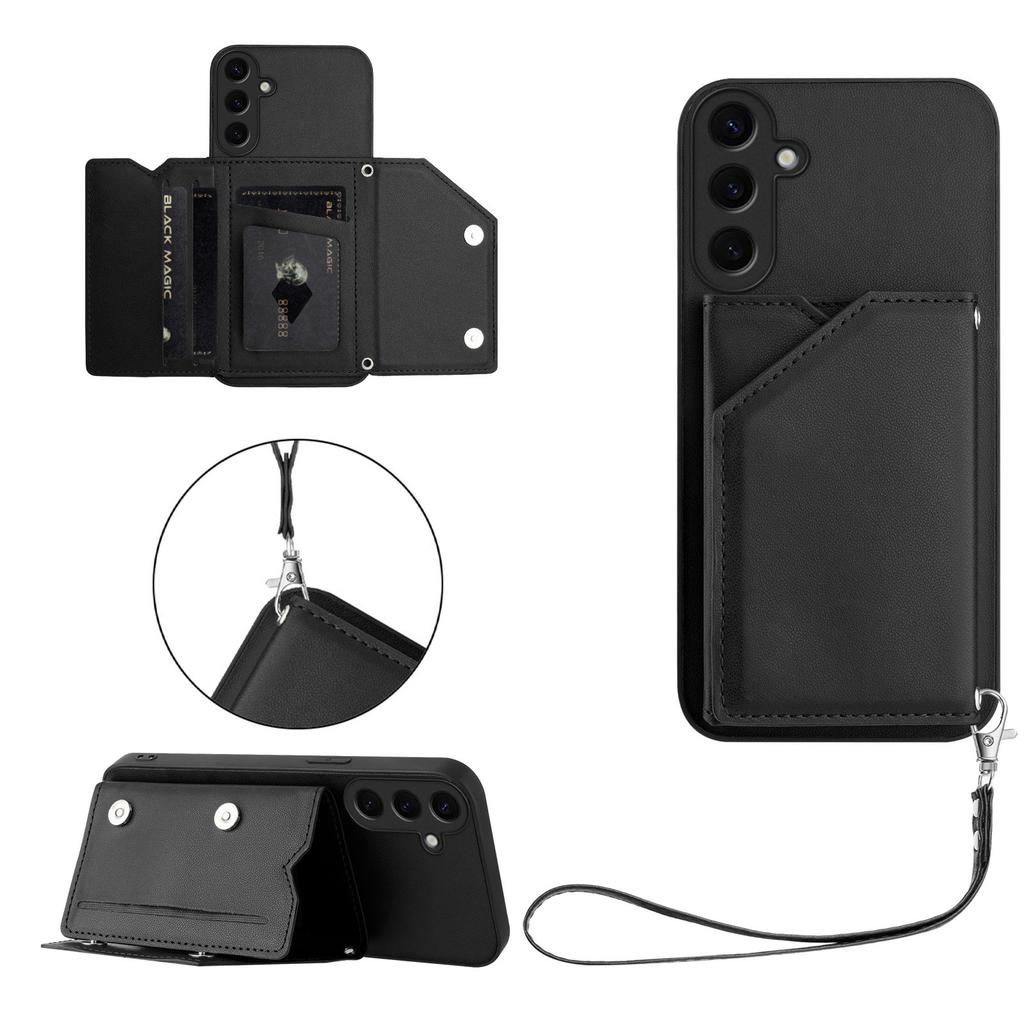 For Samsung Galaxy S24 Case Card Holder Kickstand Skin-Touch Phone Cover with Wrist Strap