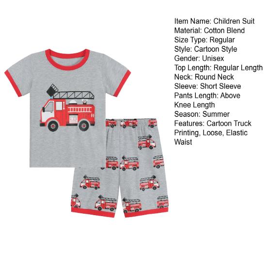 2 шт./комплект детский костюм с верхом и брюками, мультяшный рисунок грузовика, пижама с круглым вырезом, короткий рукав, летний наряд, унисекс, повседневная домашняя одежда