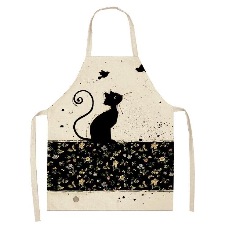Home Kitchen Black and White Cat Letter Apron Women's Linen Cleaning Tool Apron Home Cooking Waist Baking Apron