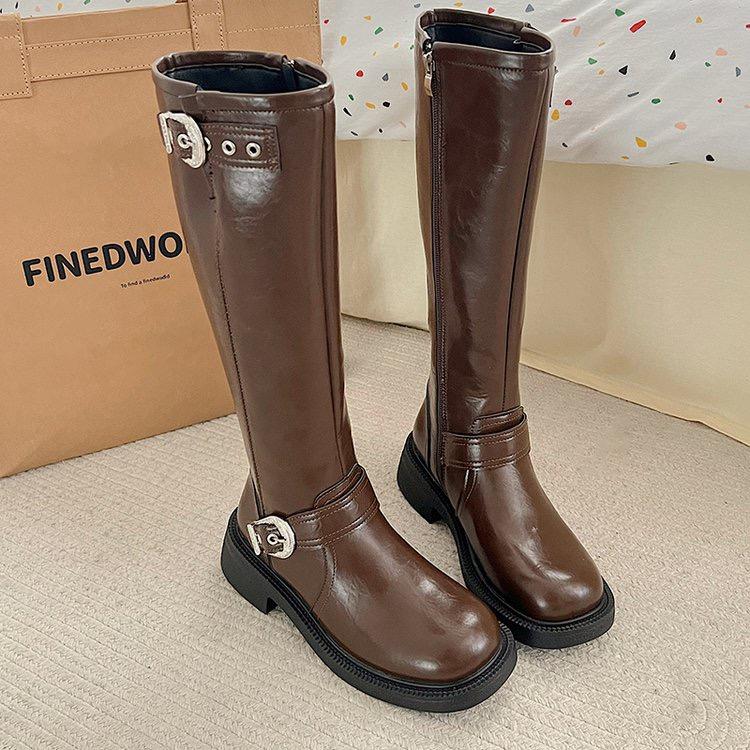 2024 High Quality Ladies Shoes Side Zipper Women's Boots Fashion Belt Buckle Modern Boots Women New Round Toe Knee-High Boots