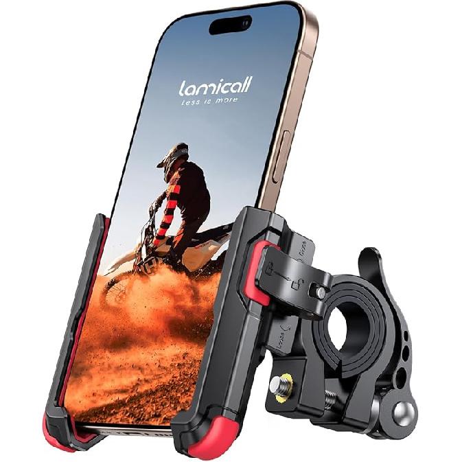 Lamicall Motorcycle Bike Phone Mount - [No Block Camera] [1S Lock] Bike Cell Phone Holder Clamp, Bicycle Scooter Handlebar Clip, For IPhone 17 16 15