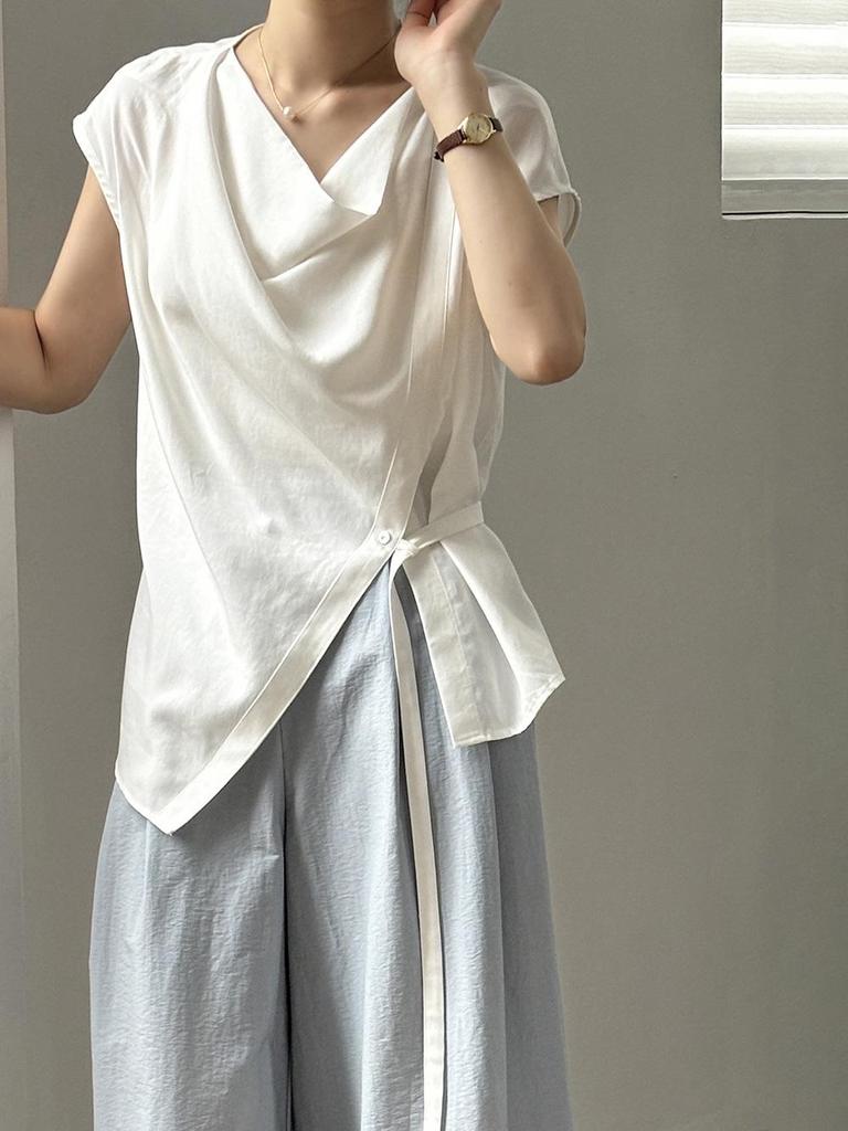 Женская рубашка Yanshuang в корейском стиле из тенселя без рукавов с воротником-стойкой, завязкой на талии и разрезом - лето 2024 г.