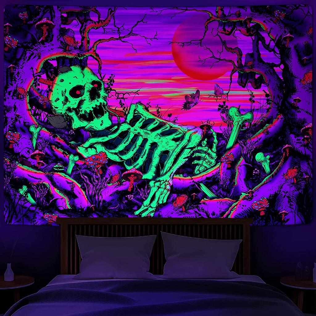 Гобелен Blacklight Galaxy Moon Trippy Plant с цветочным принтом, УФ-реактивный неоновый горный лес, психоделический настенный гобелен для декора комнаты