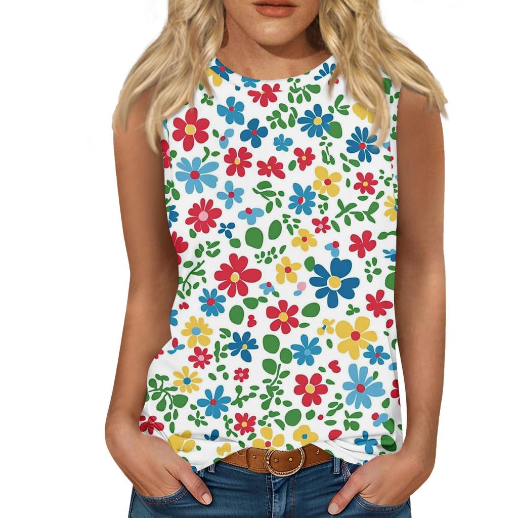 Women's Casual Round Neck Printed Sleeveless Vest Tops Vest