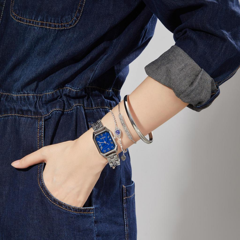 Серебряные часы японский кварц подарочный набор элегантные часы из нержавеющей стали 3 браслета подарочная упаковка [TIME100] женские (Серебряный цвет)