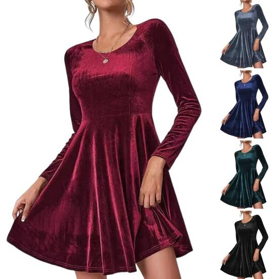 Женское платье осень-весна с круглым вырезом, А-силуэта, большой размер, однотонное, с длинными рукавами, из бархатной ткани, длиной выше колена, короткое платье для свиданий, выпускных вечеринок