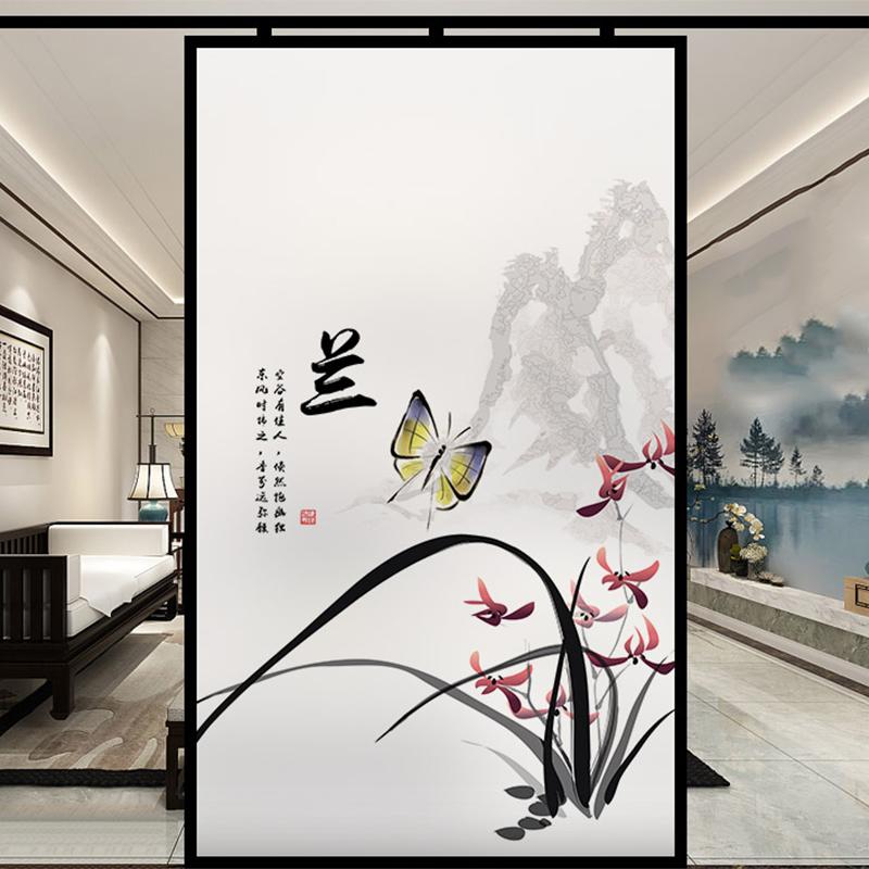 Chinese Ink Bamboo Orchid Flower Painting Glass Film Privacy Windows Film Static Cling Home Decor Stained Window Stickers