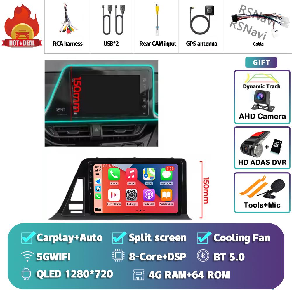 Android 14 Carplay Auto Для Toyota C-HR 2016 - 2020 Автомагнитола Мультимедийная стереосистема Камера 360 Навигация Видео ИИ Голосовое управление GPS