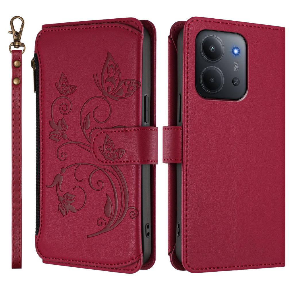 Для Xiaomi Redmi 15C 5G (США) (173мм)/Xiaomi Redmi 15C 4G (США) (173мм) Кожаный чехол с цветочным тиснением в виде бабочки, кошелек на молнии, подставка, крышка с ремешком на запястье