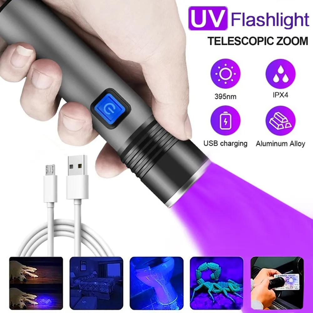 395 нм УФ-фонарик Blacklight Zoomable USB перезаряжаемый УФ-свет Ультрафиолетовый фонарик для детектора мочи домашних животных Отверждение смолы