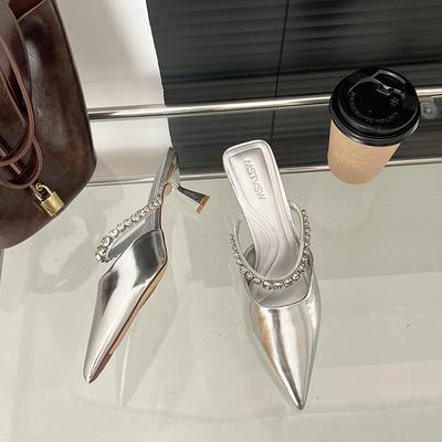 Мода 2025 Блестящие сандалии со стразами Женские туфли-мюли с ремешком Женские элегантные туфли-лодочки на каблуке с острым носком Женские роскошные вечерние туфли для вечеринки