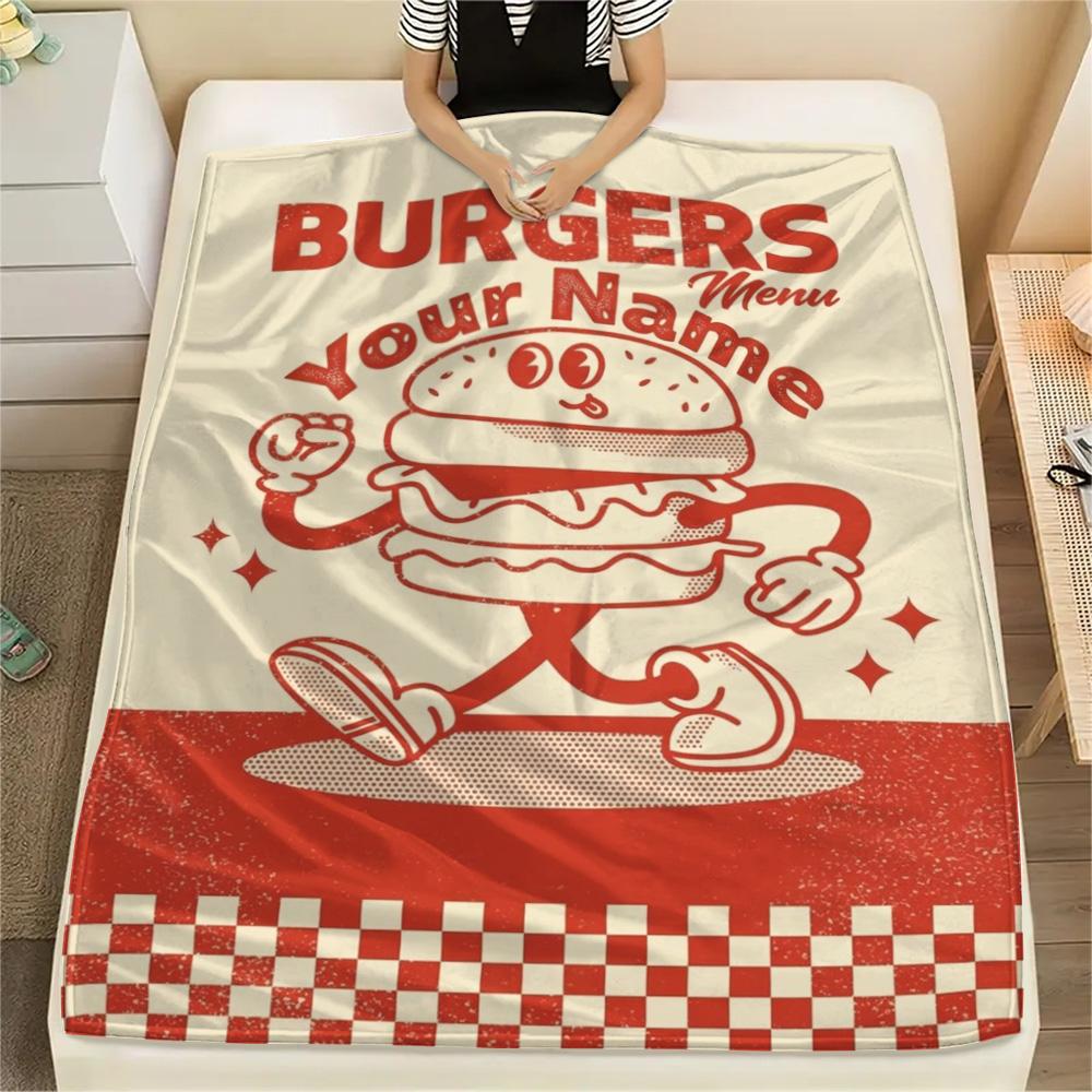 1PC Burger Run Menu Custom Name Patterned Flannel Blanket Suitable For All Seasons For Home Decor Warmth And Comfort Gifts Holiday Present