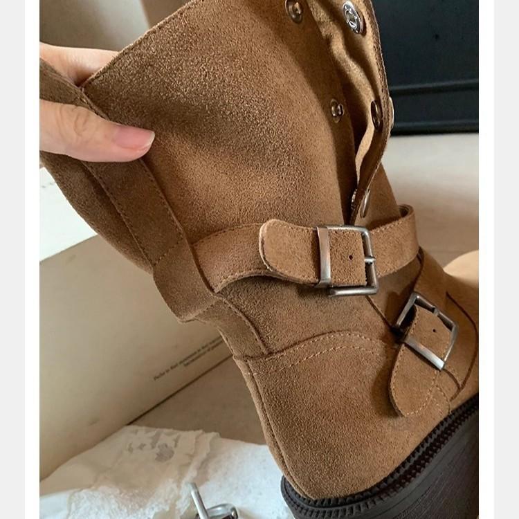 Виноградная мать того же стиля, увеличение высоты на 5,5 см~ Maillard толстый каблук толстая подошва ремешок с пряжкой коровья замша высокий каблук короткие ботинки женские