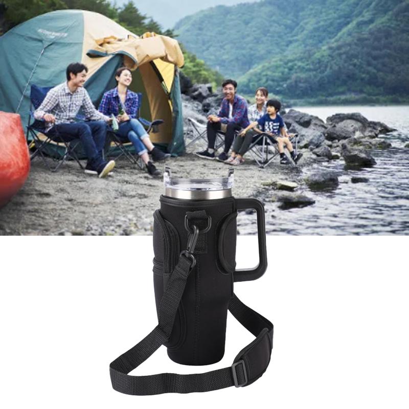 Water Bottle Bag Anti Slip Portable Double Layers Water Bottle Holder with Handle Fit for Stanley 40 Oz Insulated Tumblers Black