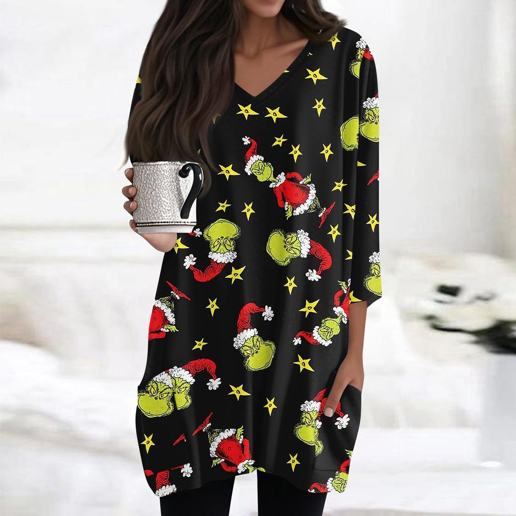 Женские топы с V-образным вырезом и рукавом 3/4, повседневные блузки средней длины, модные туники с рождественским принтом и карманами