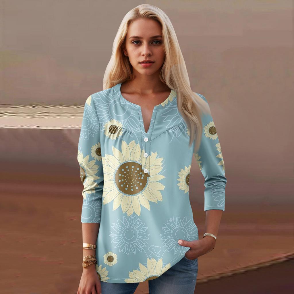 Женская мода повседневный топ с длинным рукавом и круглым вырезом с цветочным принтом