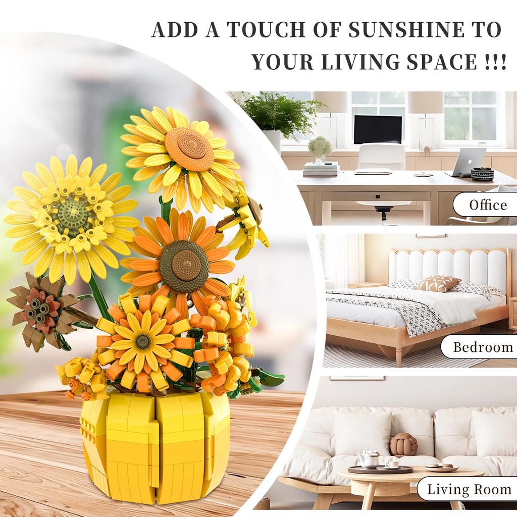 1009PCS Sunflower Building Blocks Flower Bouquet Vase Model Home Decoration Educational DIY Toy Holiday Gift for Kids Adults