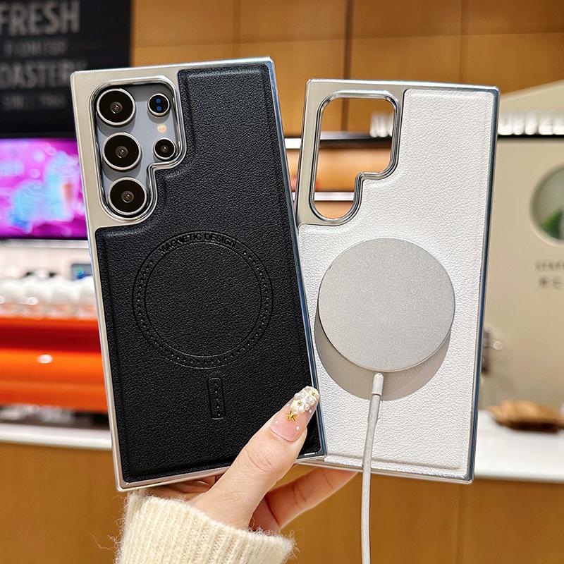 For Magsafe Magnetic Wireless Charging Luxury Solid Color Leather Bumper Phone Case For Samsung S25 Ultra S23 S22 S24 Ultra Plus