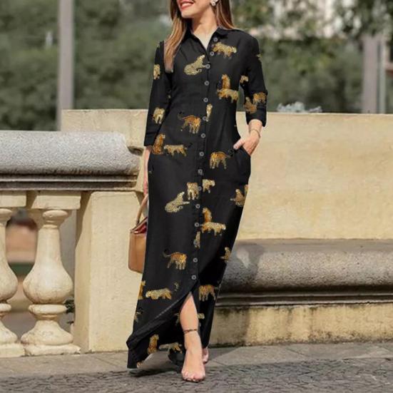Lady Dress Dress Lapel Long Sleeve Pocket Plus Size Single Breasted Maxi Dress Sexy Leopard Geometric Patchwork Print Dress
