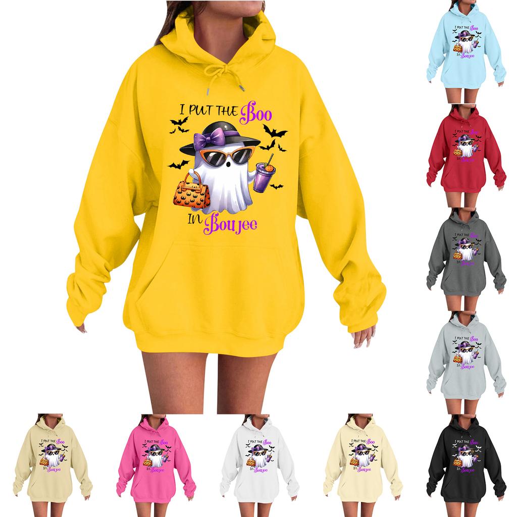 Женская повседневная модная удобная толстовка с круглым вырезом, капюшоном и длинными рукавами с принтом на Хэллоуин, теплая