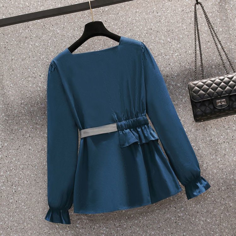 Плюс Размер Женская Осенняя Рубашка с Квадратным Воротником Темперамент Женская Талия Тонкая и Маленькая Костюм Из Двух Частей