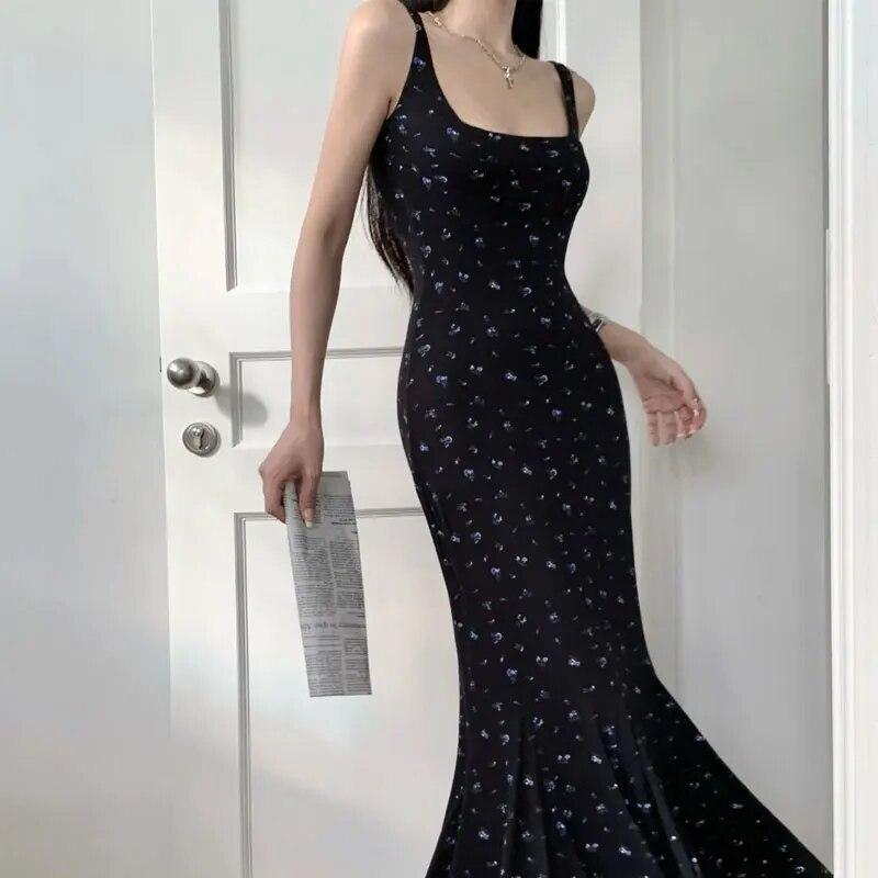 Stylish Broken Flowers Dresses Women's Clothing Elegant Square Collar Spring Autumn Sexy Slim Mermaid Folds Slip Long Dress