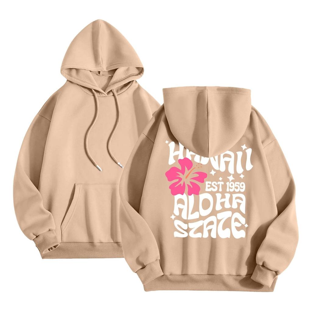 Women's Fashion Long Sleeve Sweatshirt Letter Printed Hooded Drawstring Pullover Oversized Pocket Sweatshirt Top