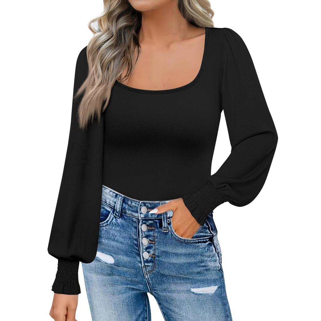 Women's Fashion Casual Square Neck Slim Bubble Long Sleeve Solid Color Top