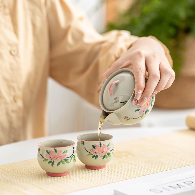 Hand-Painted Ceramic Travel Tea Set: 1 Pot & 2 Cups with Hand-Grip for Outdoor Tea Drinking