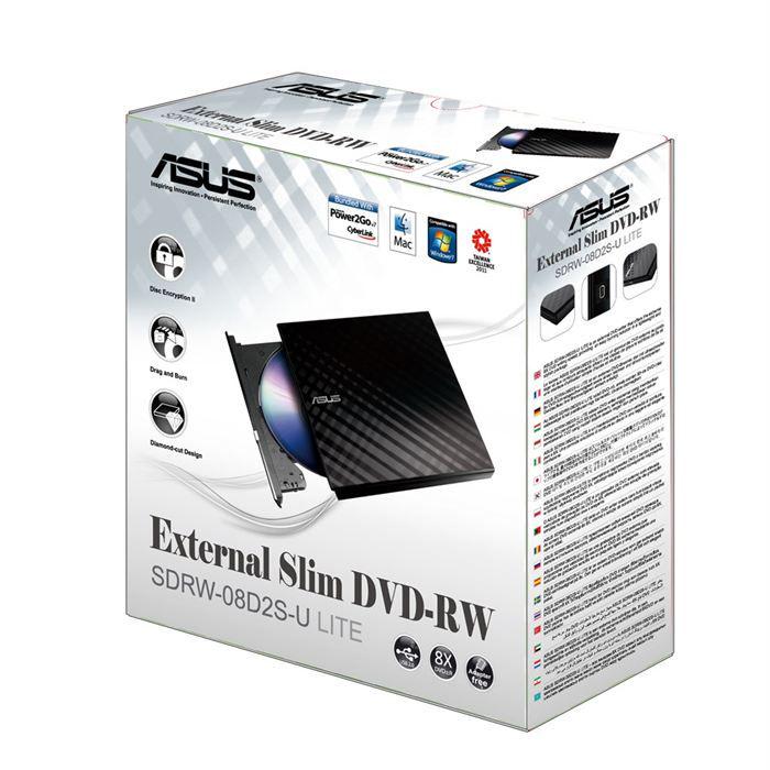 Graveur DVD Externe Asus SDRW-08D2S-U Slim Noir - USB 2.0 - Disc Encryption Et Drag-and-Burn