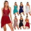 Womens Sparkling Ice Dance Dress Cross Back Strap Asymmetrical Hem Rhinestone Sleeveless Competition Outfit