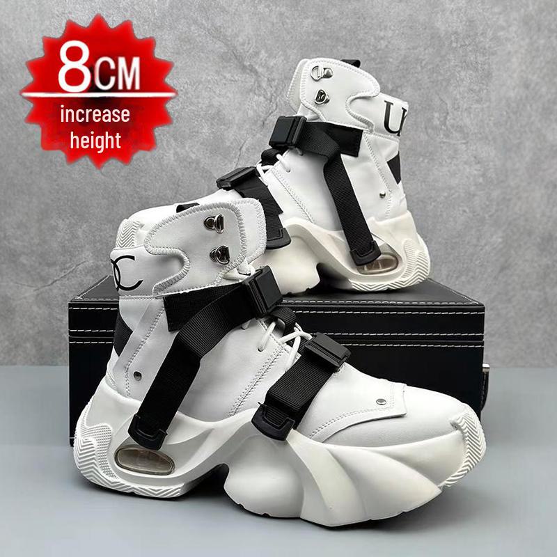 2024 Men's White High-Top Shoes with 12cm Invisible Height Increase, Air Cushion, Thick Sole, Fashionable Dad Sneakers