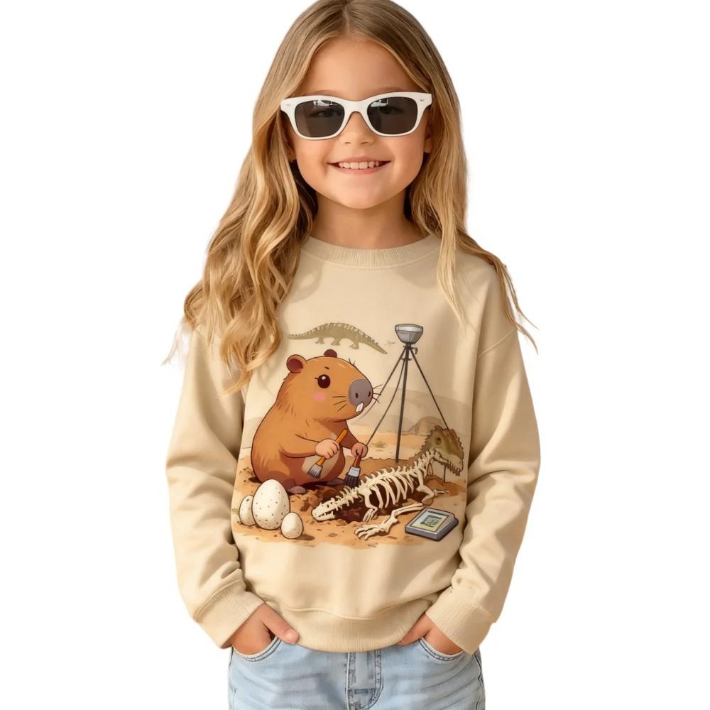 Spring and Autumn Round Neck Cartoon Capybara Pattern 3D Printed Top Fashionable Casual Long Sleeved Children's Girl T-shirts