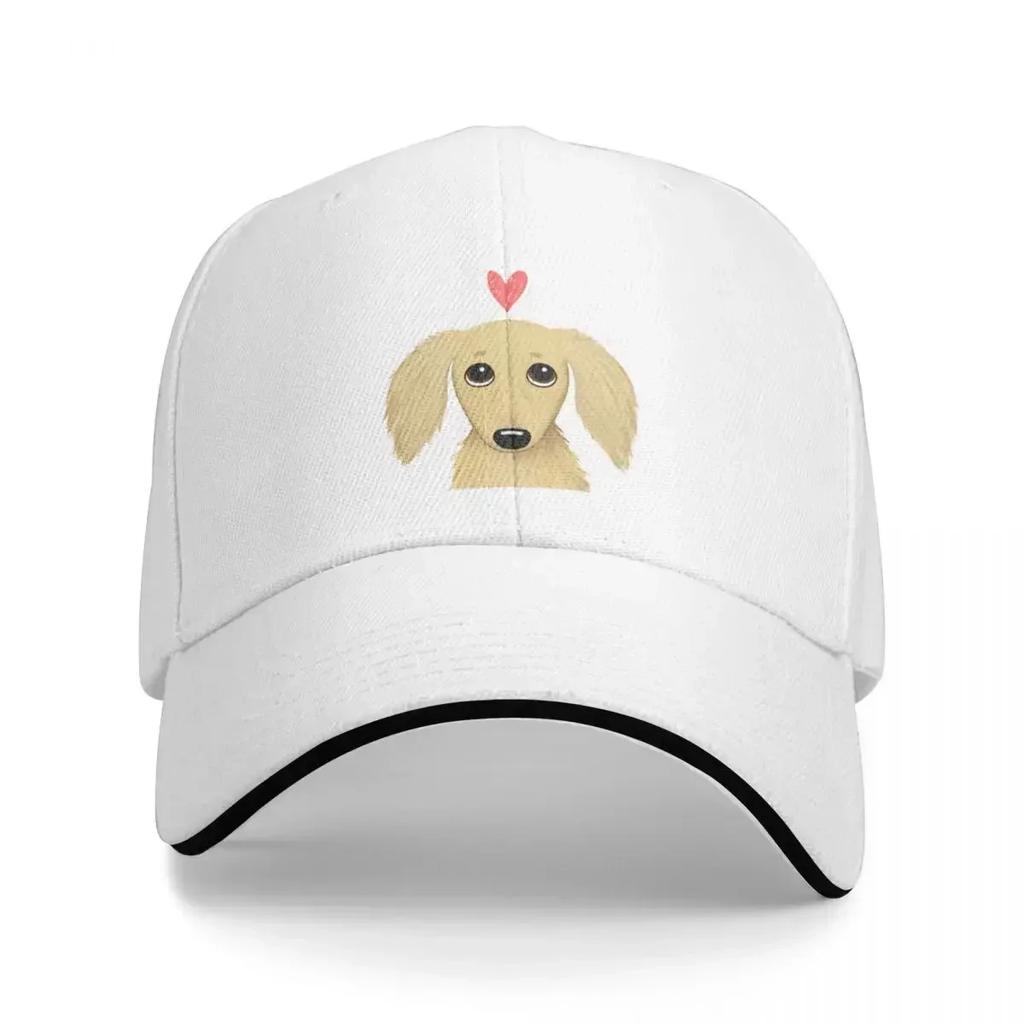 Longhaired Cream Dachshund Cartoon Dog with Heart Baseball Cap Sun Cap cute Beach Outing Unisexs Caps WoUnisexs