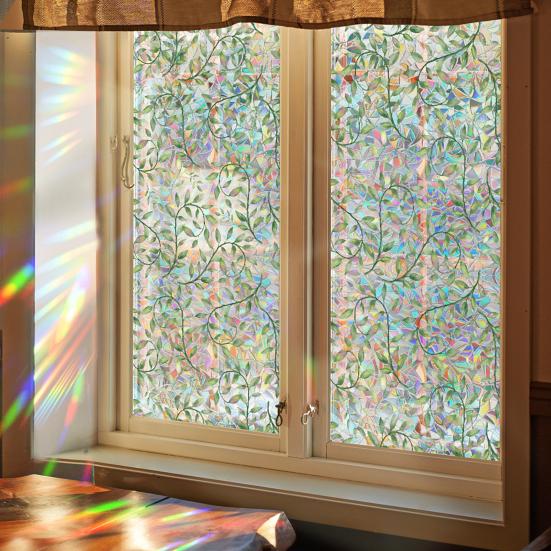 Iridescent Window Film Green Leaf Flower Pattern Non-Adhesive Glass Sticker Reusable Privacy Film