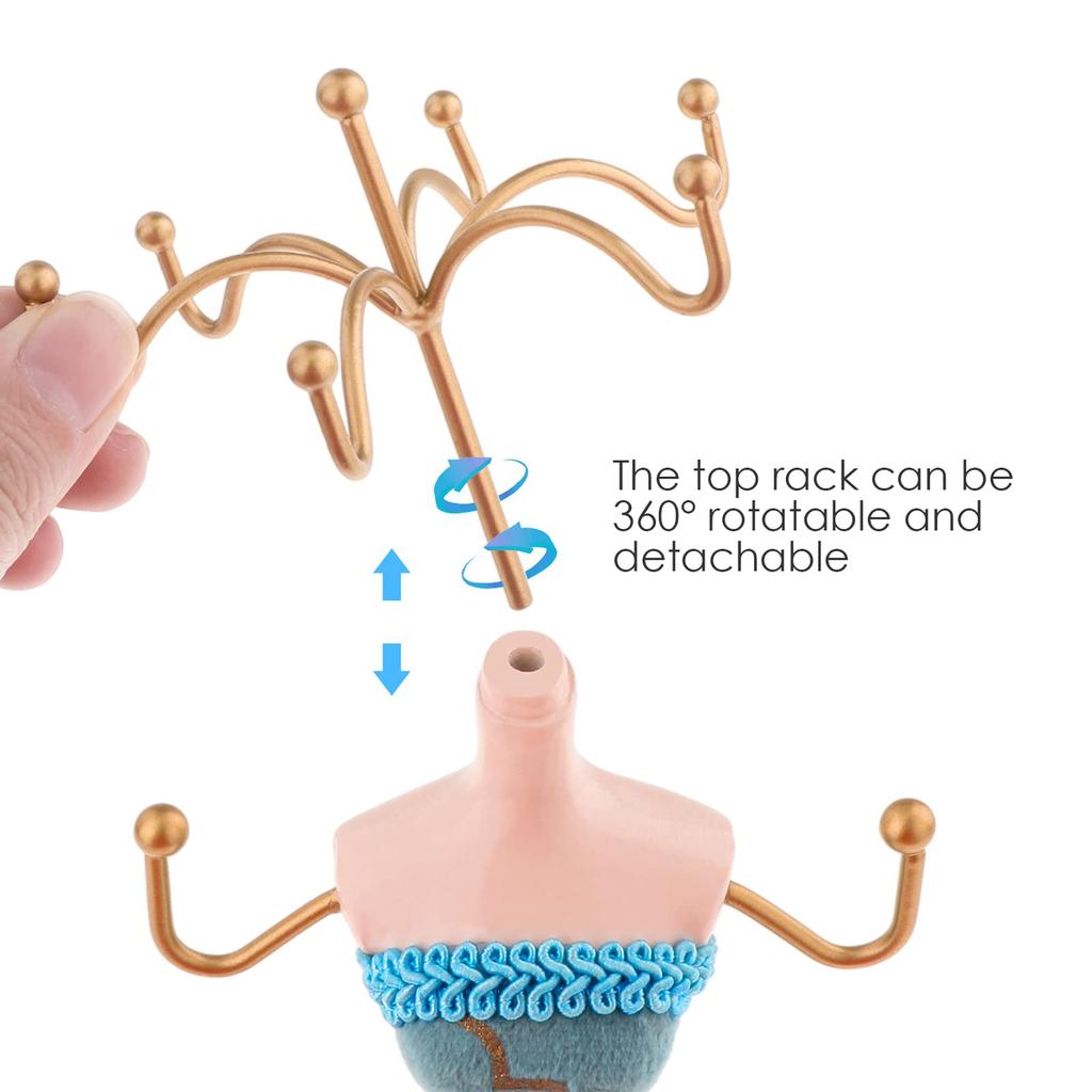 Элегантная подставка для украшений для женщин Синий манекен Платье принцессы Подставка-держатель для ожерелий и серег с золотыми акцентами