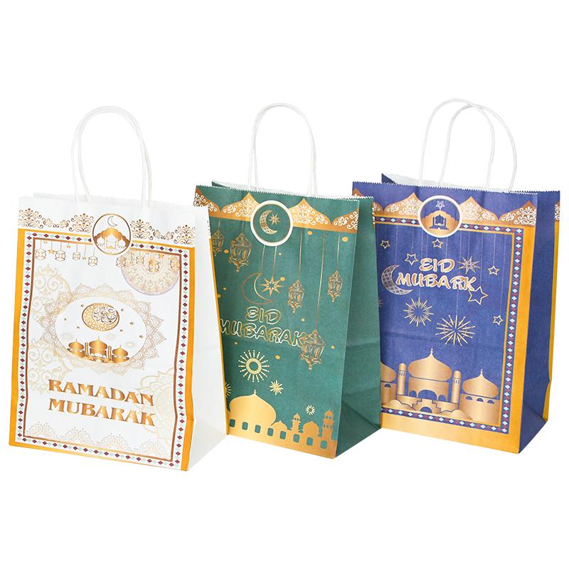 6pcs Eid Mubarak Kraft Paper Gift Bags Muslim Islamic Festival Party Cookie Candy Packaging Box Ramadan Kareem Favors Supplies