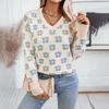Vintage V-Neck Knitwear Sweater Loose Long Sleeve Pullover Print Top Autumn Winter