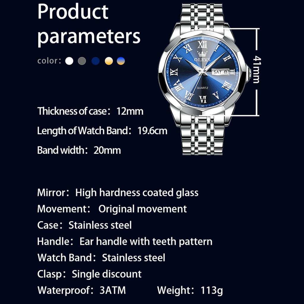 OLEVS Analog Popular Business Arm Fashion Silver White Blue Stainless Steel Silver Watch for Luminous Pressure Easy To Read Arm Easy To Wear Men's