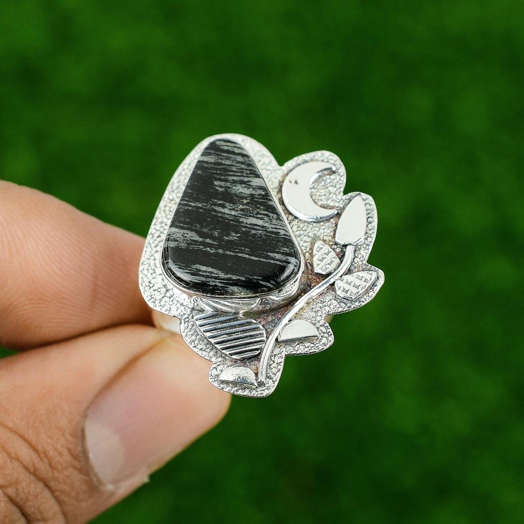 Natural Silver Leaf Jasper 925 Silver Cescent Moon Solitaire Ethnic Ring Jewelry