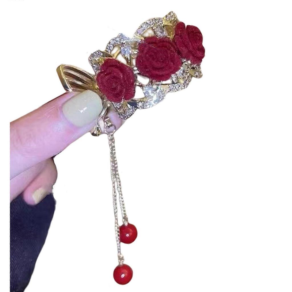 Internet Celebrity Taking Photo Ponytail Hair Claw with Rose Shape Shinning Hair Catch for Woman Teens High Ponytail Red