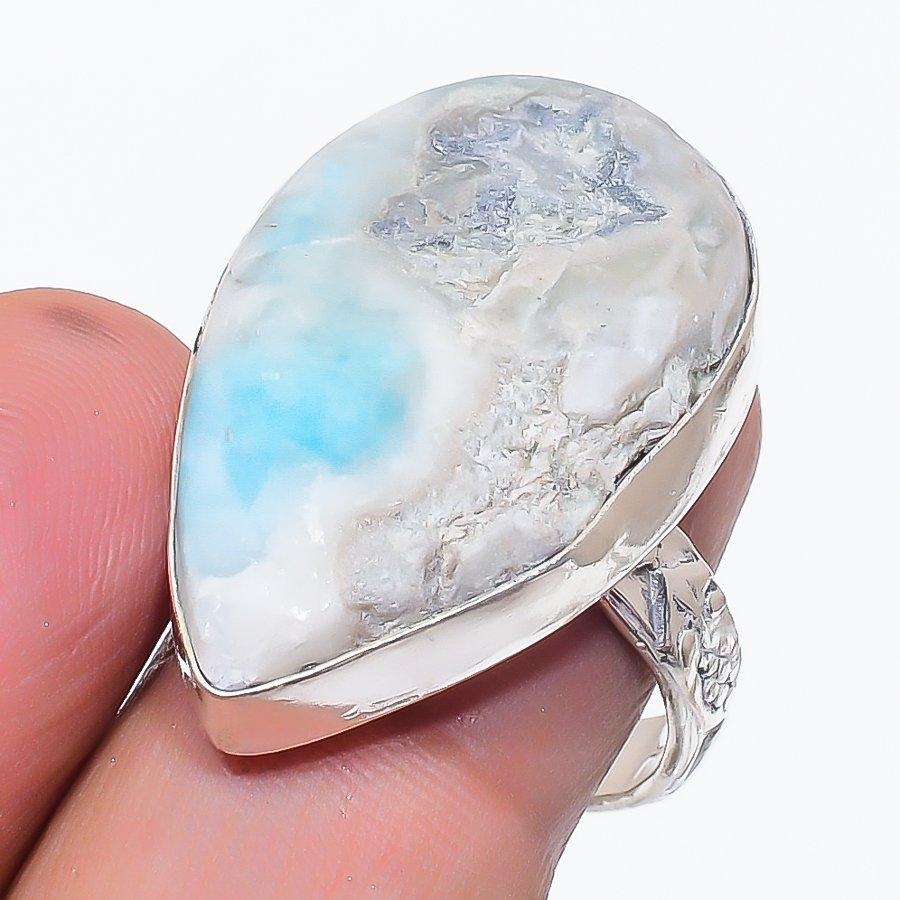 Natural Larimar Gemstone Handmade 925 Sterling Silver Jewelry Ring Size 8.5 l0M67