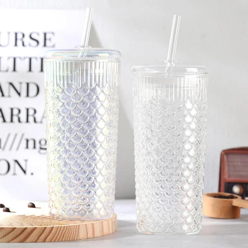 Fish Scale Pattern Cover Band Straw Glass Summertime Cold Water Bottle Milk Tea Cup High Appearance Level Juice Glass Coffee Cup